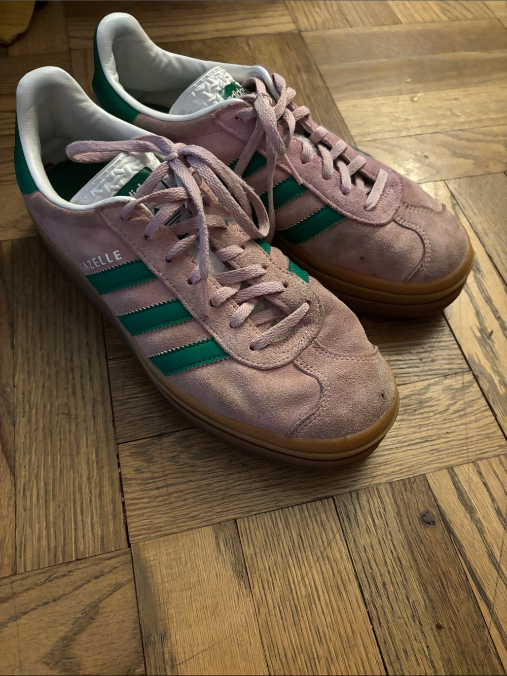 adidas Pink Suede Gazelle Sneakers with Green Three Stripes and Gum Sole